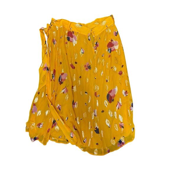 Sézane Silk Floral Wrap Skirt Yellow Gold Metallic Midi 44 US 12 Viscose Lining - Picture 8 of 14
